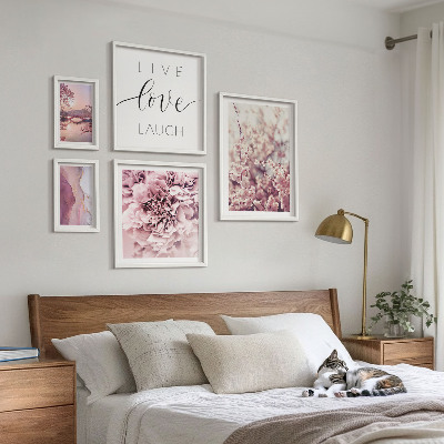 Set om 5 tavlor Blommotiv pastellfärgade slogans