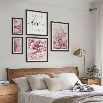 Set om 5 tavlor Blommotiv pastellfärgade slogans