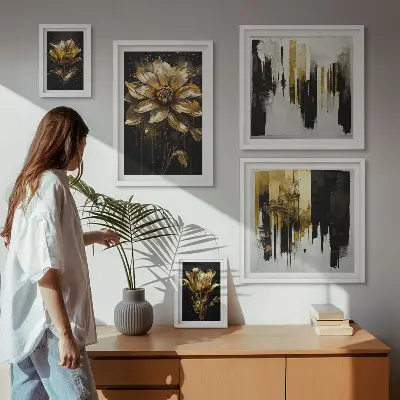 Tavelvägg med 5 tavlor med blommotiv, elegans och modern design