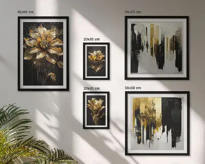 Tavelvägg med 5 tavlor med blommotiv, elegans och modern design
