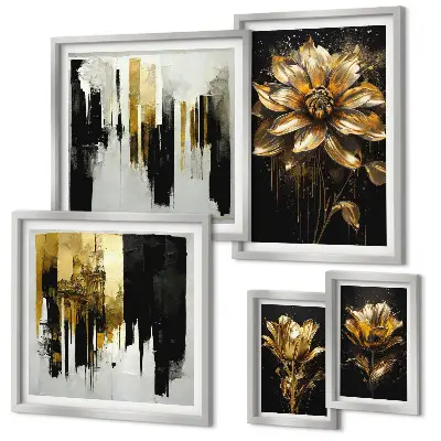 Tavelvägg med 5 tavlor med blommotiv, elegans och modern design