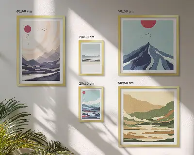 Abstrakta bergslandskap set om 5 tavlor