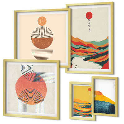 Tavelvägg med 5 tavlor Abstrakta geometriska landskap