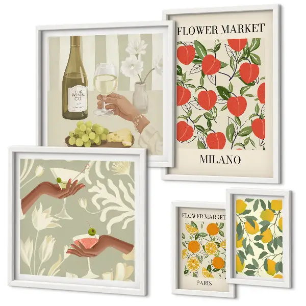 Vintage fruktblomstermässa set med 5 tavlor