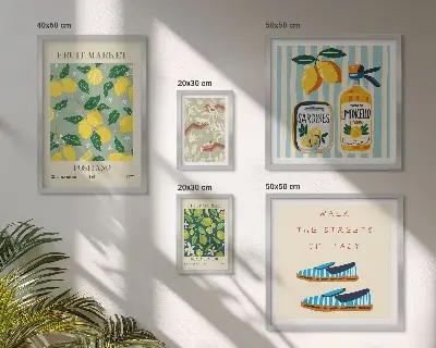 Tavelset för väggdekoration med fruktiga vintageinspirerade motiv