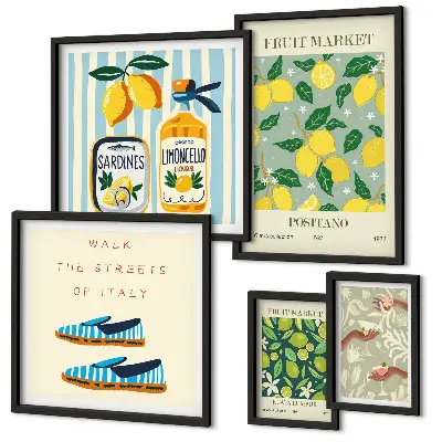 Tavelset för väggdekoration med fruktiga vintageinspirerade motiv