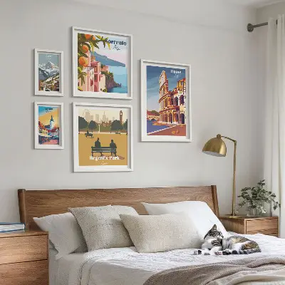 Tavelset med väggdekoration motiv av europeiska stadslandskap