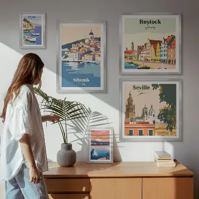 Tavelvägg med 5 tavlor med motiv av kuststäder och landskap