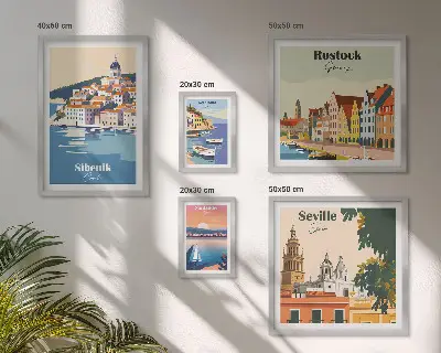 Tavelvägg med 5 tavlor med motiv av kuststäder och landskap