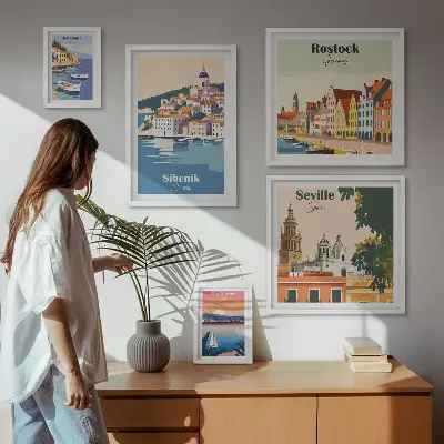 Tavelvägg med 5 tavlor med motiv av kuststäder och landskap
