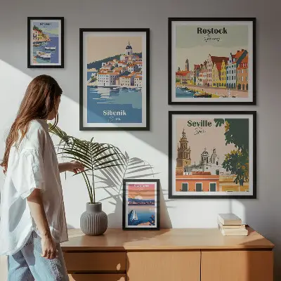 Tavelvägg med 5 tavlor med motiv av kuststäder och landskap