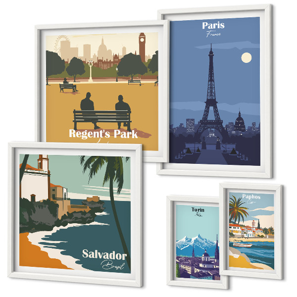 Tavelvägg med 5 tavlor Europeiska retro ikonstäder