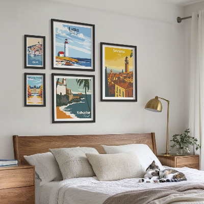 Tavelvägg med 5 tavlor Stadslandskap med lyktor