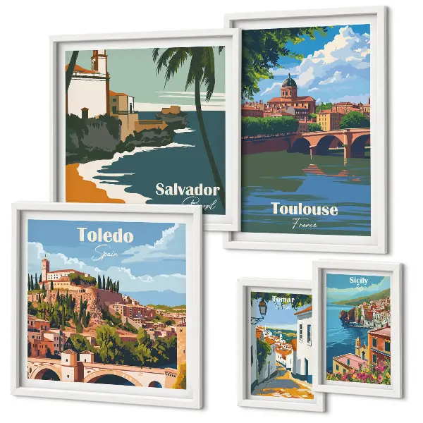 Set med 5 tavlor europeiska stadslandskap