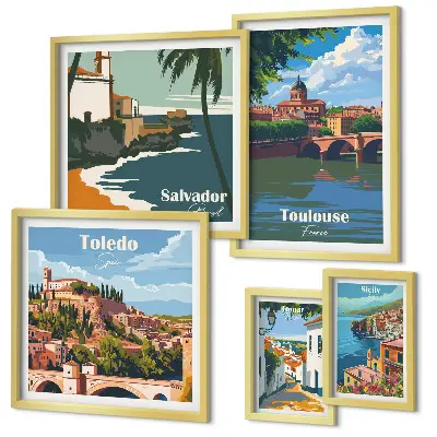 Set med 5 tavlor europeiska stadslandskap