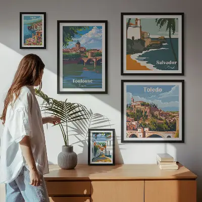 Set med 5 tavlor europeiska stadslandskap