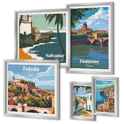 Set med 5 tavlor europeiska stadslandskap