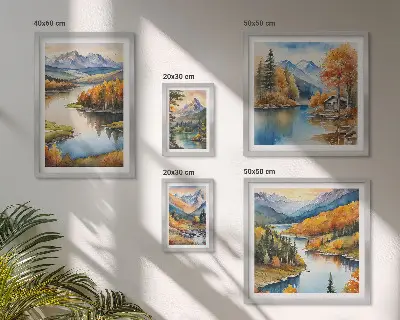 Tavelvägg med 5 tavlor med motiv av bergsfloder och höstträd