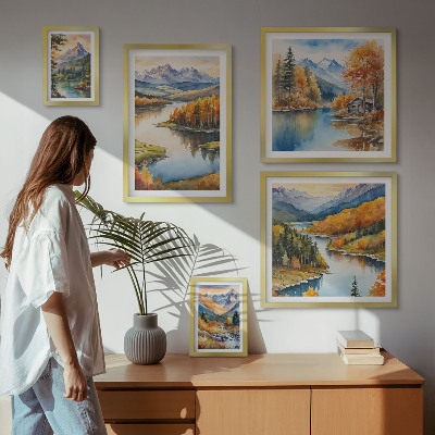 Tavelvägg med 5 tavlor Bergsfloder höstträd