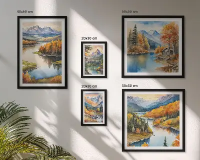 Tavelvägg med 5 tavlor med motiv av bergsfloder och höstträd