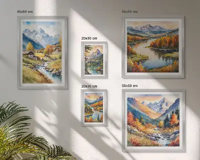 Väggdekoration i tavelset landskap med berg, floder och skogar