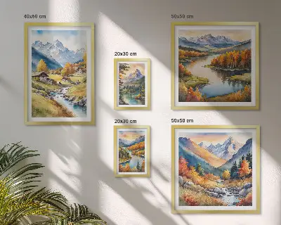 Väggdekoration i tavelset landskap med berg, floder och skogar