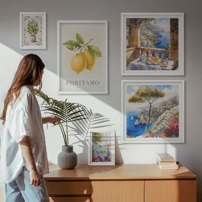 Tavelvägg med 5 tavlor Citrus accenter i medelhavsstil