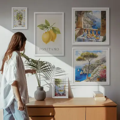 Tavelvägg med 5 tavlor med citrusdetaljer i medelhavsstil