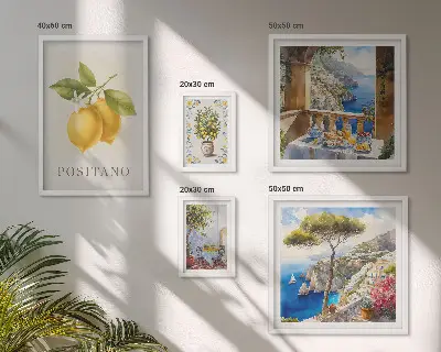 Tavelvägg med 5 tavlor med citrusdetaljer i medelhavsstil