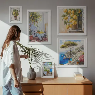 Tavelset väggdekoration med citrusmotiv och soltema