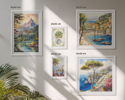 Tavelvägg med 5 tavlor Landskap med berg och havsutsikt