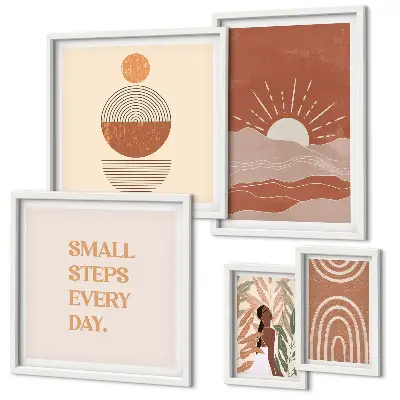 Tavelvägg med 5 tavlor med boho-inspirerade naturslogans