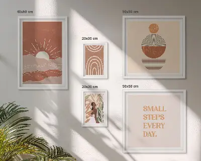 Tavelvägg med 5 tavlor med boho-inspirerade naturslogans