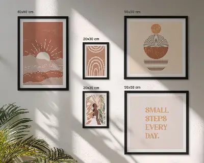 Tavelvägg med 5 tavlor med boho-inspirerade naturslogans