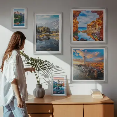 Väggdekoration tavelset med motiv av naturlig utsikt över berg och vatten