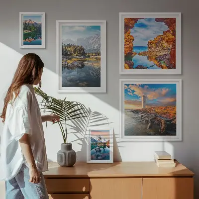 Väggdekoration tavelset med motiv av naturlig utsikt över berg och vatten