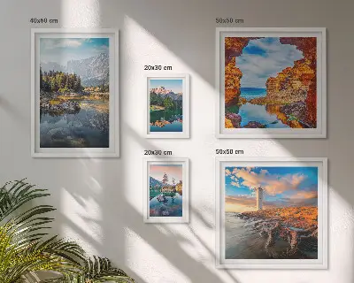 Väggdekoration tavelset med motiv av naturlig utsikt över berg och vatten