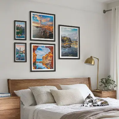 Väggdekoration tavelset med motiv av naturlig utsikt över berg och vatten
