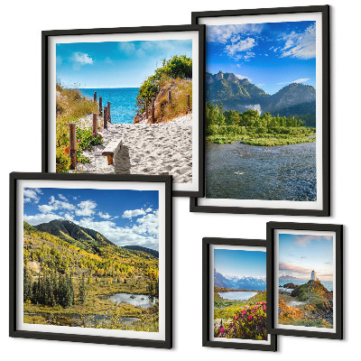 Tavelvägg med 5 tavlor Landskap med berg och stränder
