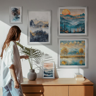 Set om 5 tavlor Bergslandskap och porträtt