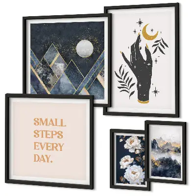 Tavelvägg med 5 tavlor i boho-stil med motiv av natur och budskap