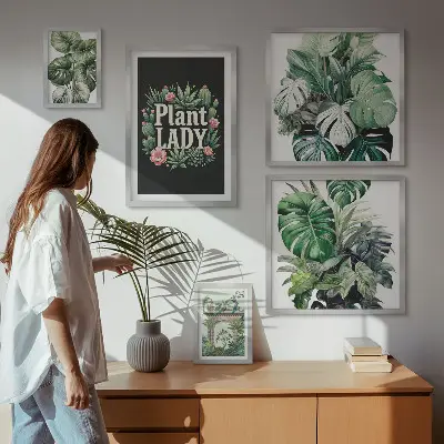 Tavelset väggdekoration med gröna boho-detaljer