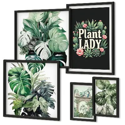 Tavelset väggdekoration med gröna boho-detaljer