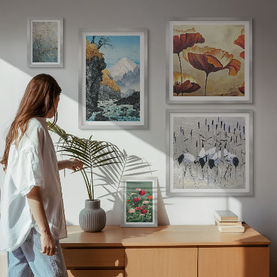 Tavelvägg med 5 tavlor Landskap med blommor och berg