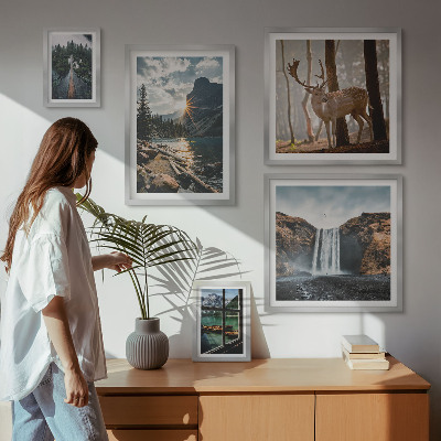 Tavelvägg med 5 tavlor Landskap natur vattenfall fauna