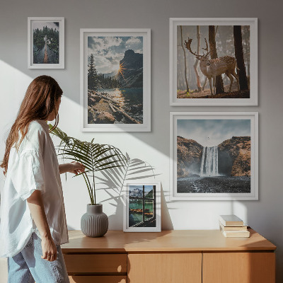 Tavelvägg med 5 tavlor Landskap natur vattenfall fauna