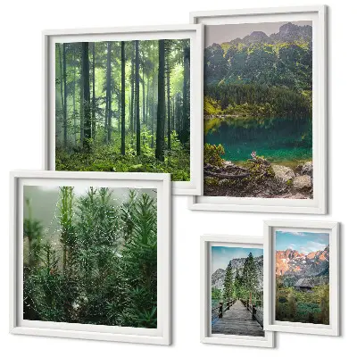 Väggdekoration i form av tavelset med motiv av bergslandskap och skog