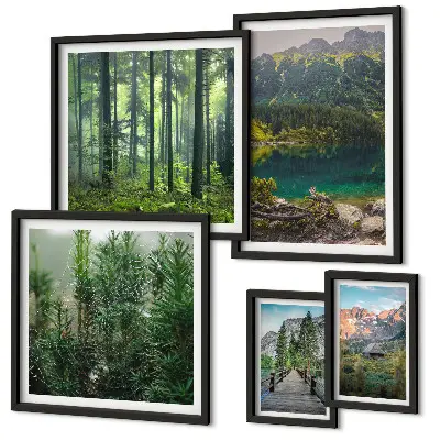 Väggdekoration i form av tavelset med motiv av bergslandskap och skog