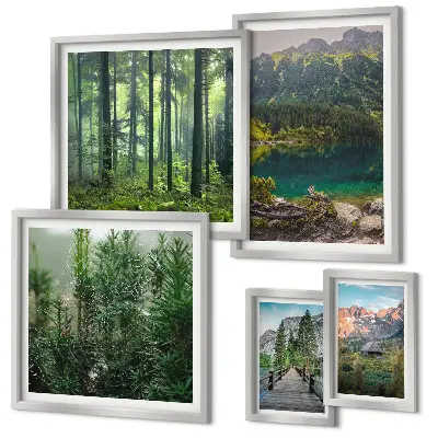 Väggdekoration i form av tavelset med motiv av bergslandskap och skog