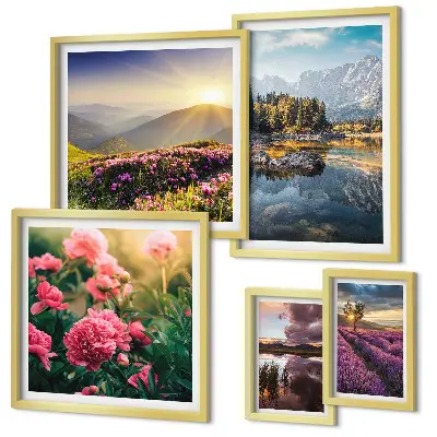 Tavelvägg med 5 tavlor med motiv av landskap med blommor och berg